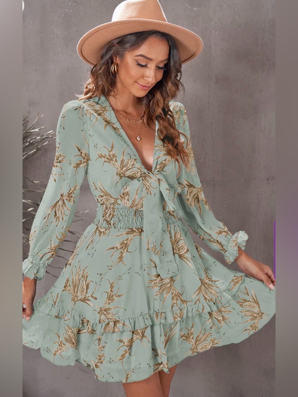 Saints + Secrets Tiered Mini Dress Tie-Front Balloon Sleeve  Floral Green S